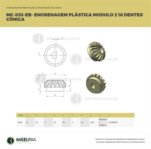 ENGRENAGEM PLÁSTICA 16 DENTES MÓDULO 2 MC-ENG-B 01081 