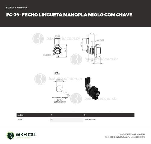 FECHO LINGUETA METÁLICO MANOPLA COM CHAVE FC-J9 01301 