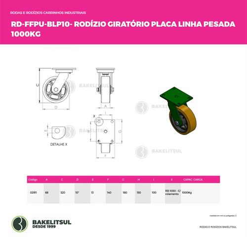 RODÍZIO GIRATÓRIO PLACA LINHA PESADA 1000 KGF FFPU-BLP10 02911 