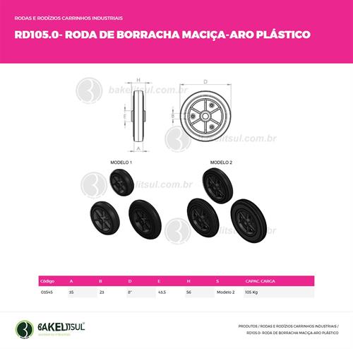 RODA BORRACHA MACIÇA ARO PLÁSTICO R105.02 03545 