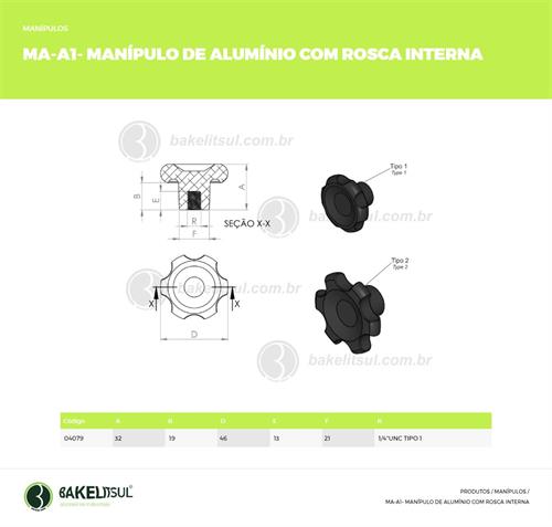 MANÍPULO DE ALUMÍNIO 46MM ROSCA INTERNA 04079 
