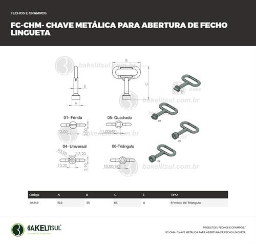 CHAVE METÁLICA PARA ABERTURA DE FECHO LINGUETA 04249 