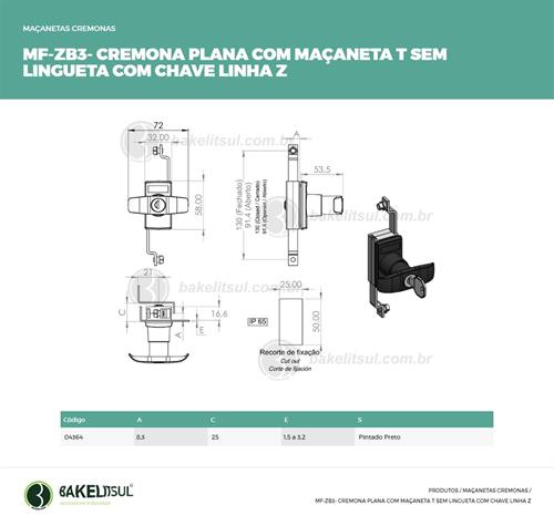 MAÇANETA CREMONA T PLANA CHAVE SEM LINGUETA MF-ZB3 04364 