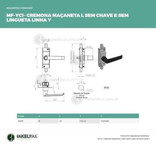 MAÇANETA CREMONA L SEM LINGUETA MF-YC1 04419 