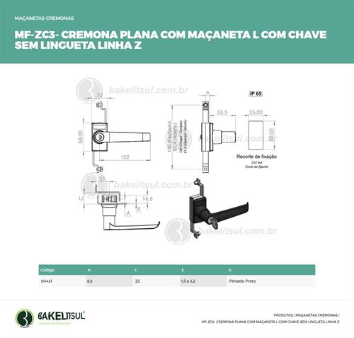 MAÇANETA CREMONA L PLANA CHAVE SEM LINGUETA MF-ZC3 04431 