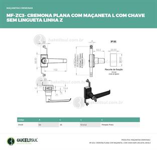 MAÇANETA CREMONA L PLANA CHAVE SEM LINGUETA MF-ZC3 04431 