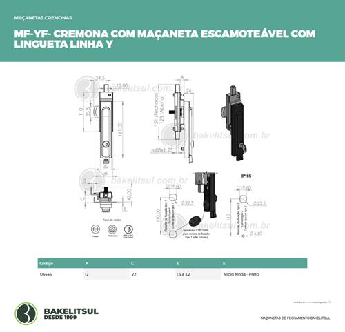 MAÇANETA CREMONA ESCAMOTEÁVEL COM LINGUETA MF-YF 04445 