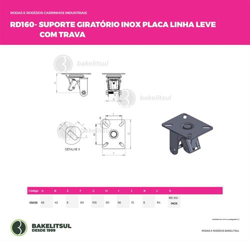 SUPORTE GIRATÓRIO INOX PLACA LINHA LEVE COM TRAVA 05038 