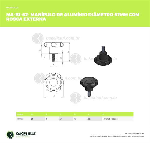MANÍPULO DE ALUMÍNIO 62MM ROSCA EXTERNA 05062 F3 01965 