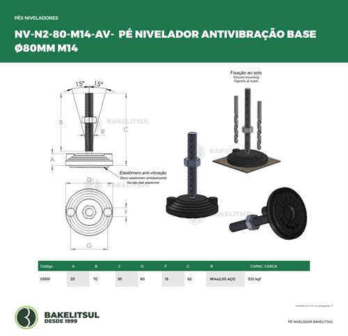 PÉ NIVELADOR ARTICULADO ANTI VIBRAÇÃO N2 BASE 80 M14 05551 F3 02850 