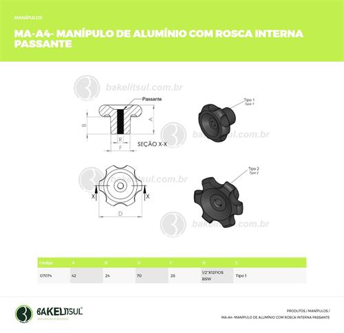 MANÍPULO DE ALUMÍNIO 70MM ROSCA INTERNA PASSANTE 07074 