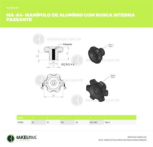 MANÍPULO DE ALUMÍNIO 105MM ROSCA INTERNA PASSANTE 07080 