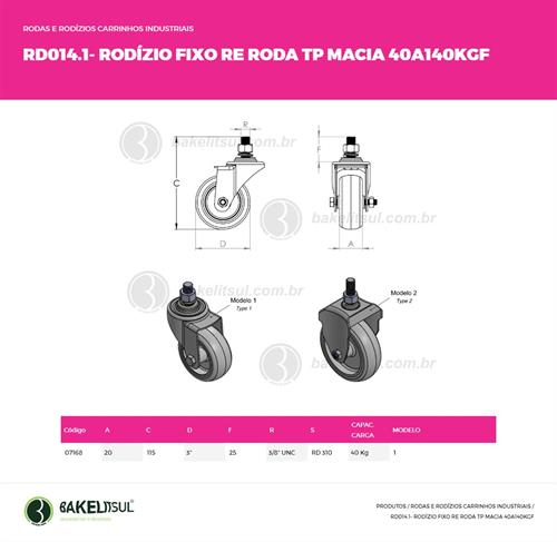 RODÍZIO FIXO ROSCA LINHA LEVE 40KGF TP-FRLL 07168 