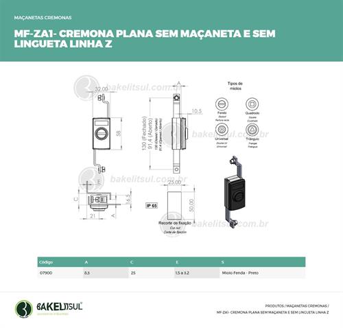MAÇANETA CREMONA PLANA SEM LINGUETA MF-ZA1 07900 
