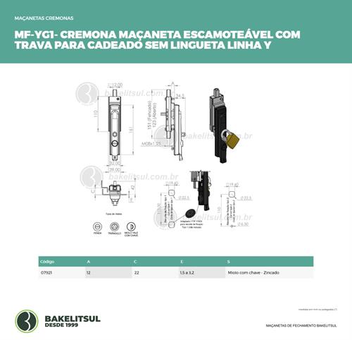 MAÇANETA ESCAMOTEÁVEL TRAVA CADEADO SEM LINGUETA MF-YG1 07921 