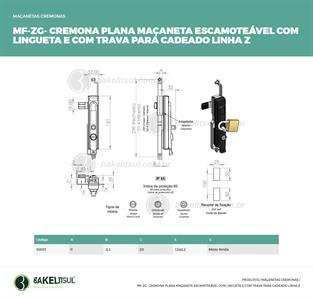 MAÇANETA CREMONA ESCAMOTEÁVEL TRAVA CADEADO COM LINGUETA MF-ZG 08011 