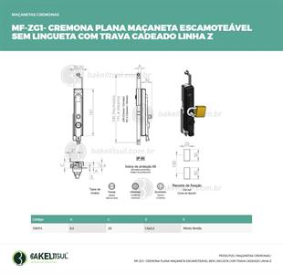 MAÇANETA CREMONA ESCAMOTEÁVEL TRAVA CADEADO SEM LINGUETA MF-ZG1 08014 