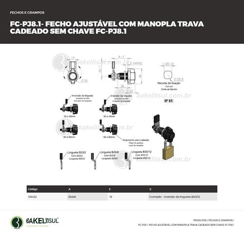 FECHO LINGUETA REGULÁVEL MANOPLA TRAVA P/ CADEADO FC-PJ81 08422 