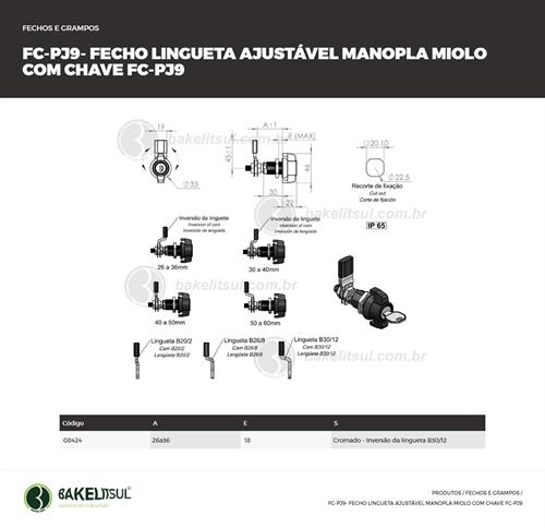 FECHO LINGUETA REGULÁVEL MANOPLA COM CHAVE FC-PJ9 08424 
