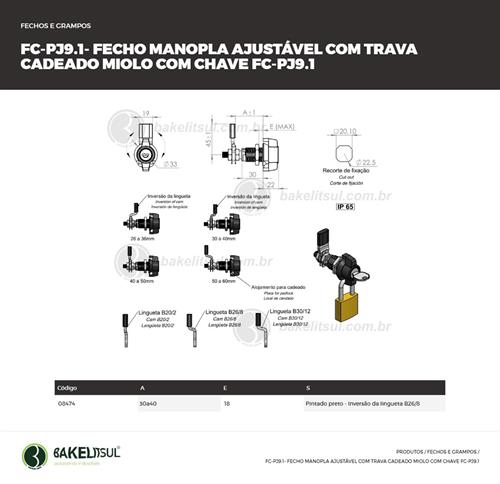 FECHO LINGUETA REGULÁVEL MANOPLA TRAVA P/ CADEADO E CHAVE FC-PJ9.1 08474 