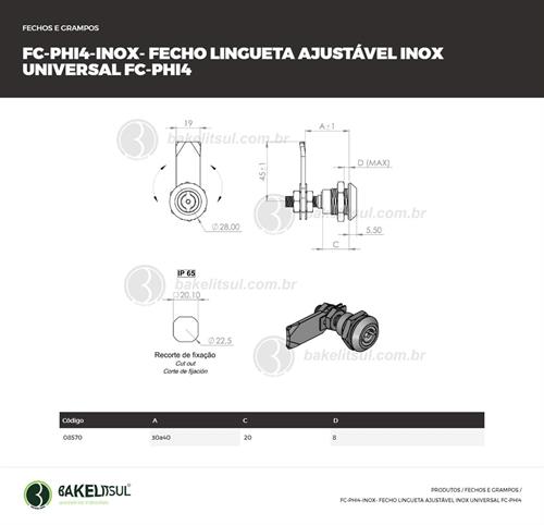 FECHO LINGUETA INOX REGULÁVEL MIOLO UNIVERSAL FC-PHI4 08570 