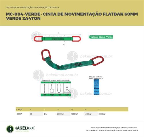 CINTA DE MOVIMENTAÇÃO FLATBAK 60MM VERDE 2 A 4 TONELADAS MC-FLAT BAK 08897 
