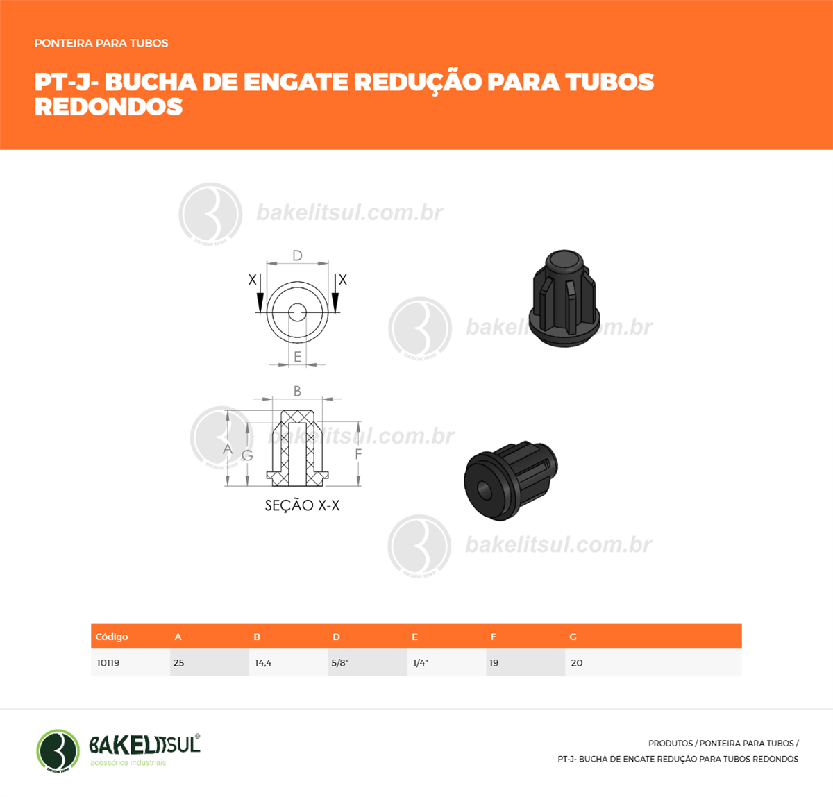 Clique aqui para visualizar a imagem técnica PT-PONTEIRA-PP-J-FL-5/8-1/4-00-PSR-BUCHA ENG H1/4 x T5/8-20 Clique aqui para visualizar a imagem técnica PT-PONTEIRA-PP-J-FL-5/8-1/4-00-PSR-BUCHA ENG H1/4 x T5/8-20