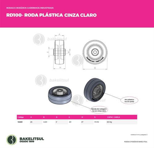 RODA PV PLÁSTICA LINHA LEVE ATÉ 125KGF CINZA CLARO 10269 F3 07797 
