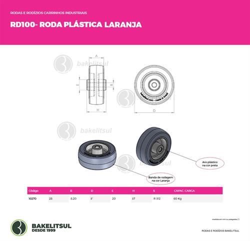 RODA PV PLÁSTICA LINHA LEVE ATÉ 125KGF LARANJA 10270 F3 07798 