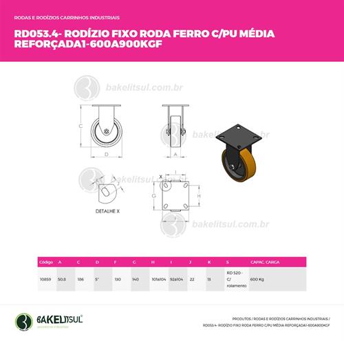RODÍZIO FIXO PLACA LINHA MÉDIA REFORÇADA 500 A 900KGF FFPU-FPLMR1 10859 