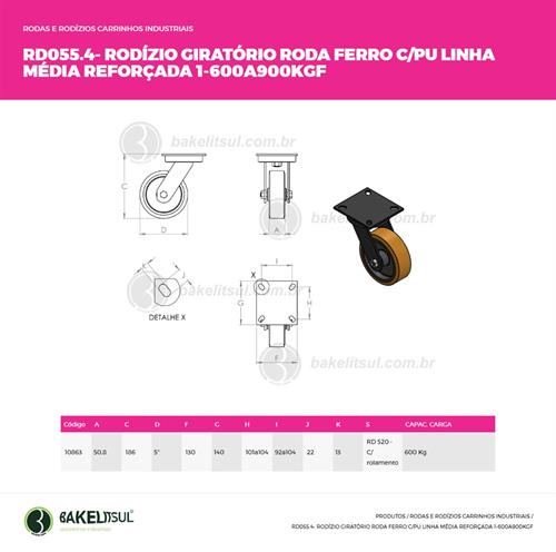 RODÍZIO GIRATÓRIO PLACA LINHA MÉDIA REFORÇADA 500 A 900KGF FFPU-GPLMR1 10863 
