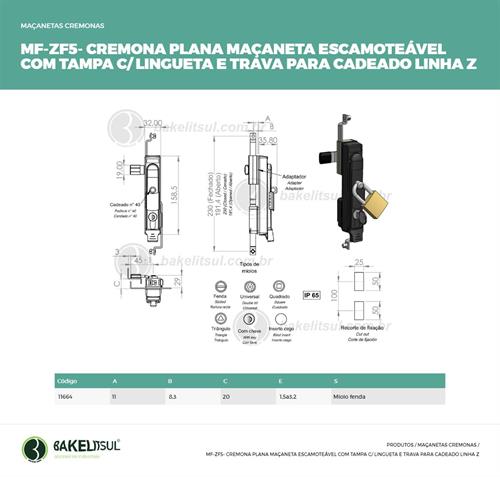 MAÇANETA CREMONA ESCAMOTEÁVEL TRAVA CADEADO COM LINGUETA MF-ZF5 11664 