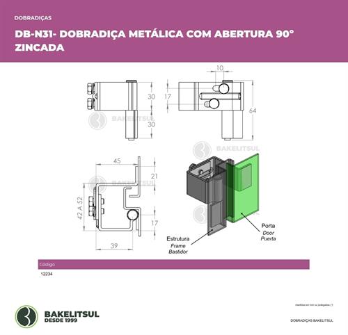 DOBRADIÇA METÁLICA COM ABERTURA 90° ZINCADA 12234 