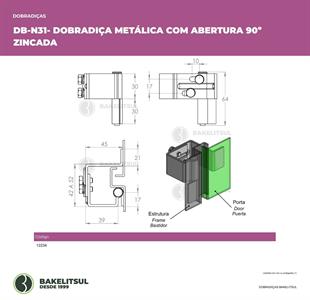 DOBRADIÇA METÁLICA COM ABERTURA 90° ZINCADA 12234 