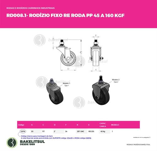 RODÍZIO FIXO ROSCA LINHA LEVE 45 A 160KGF PP-FRLL 12576 