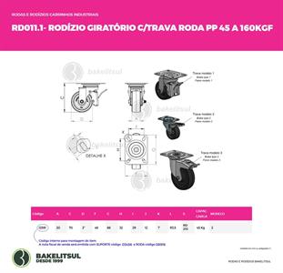 RODÍZIO GIRATÓRIO PLACA LINHA LEVE TRAVA 45 A 160KGF PP-GPLLT 12591 
