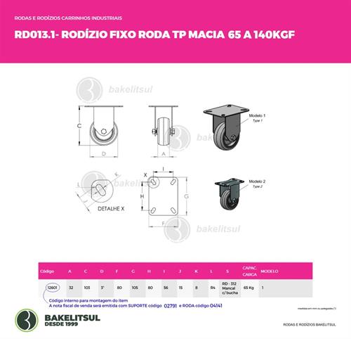 RODÍZIO FIXO PLACA LINHA LEVE 65 A 140KGF TP-FPL 12601 