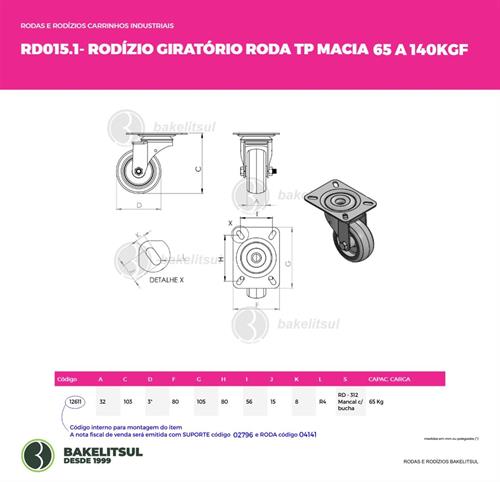 RODÍZIO GIRATÓRIO PLACA LINHA LEVE 65 A 140KGF TP-GPLL 12611 