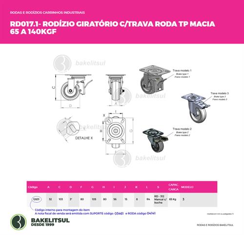 RODÍZIO GIRATÓRIO PLACA LINHA LEVE TRAVA 65 A 140KGF TP-GPLLT 12631 