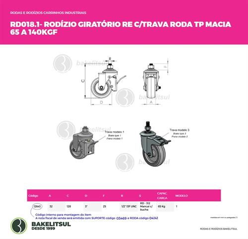 RODÍZIO GIRATÓRIO ROSCA LINHA LEVE TRAVA 65 A 140KGF TP-GRLLT 12643 