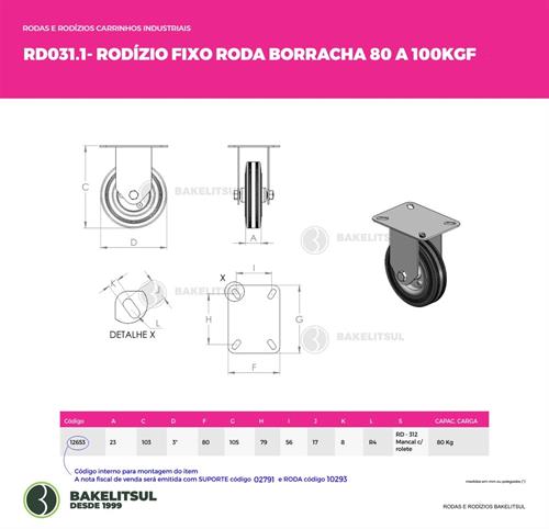 RODÍZIO FIXO PLACA LINHA LEVE 80 A 100KGF BR-FPLL 12653 