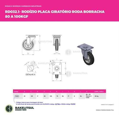 RODÍZIO GIRATÓRIO PLACA LINHA LEVE 80 A 100KGF BR-GPLL 12656 