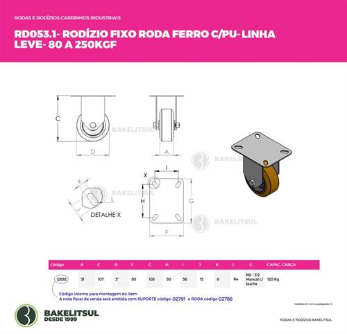 RODÍZIO FIXO PLACA LINHA LEVE 80 A 250KGF FFPU-FPLL 12692 