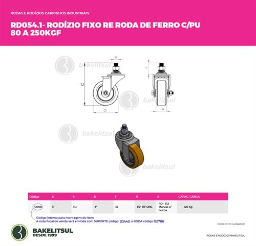 RODÍZIO FIXO ROSCA LINHA LEVE 80 A 250KGF FFPU-FRLL 12700 
