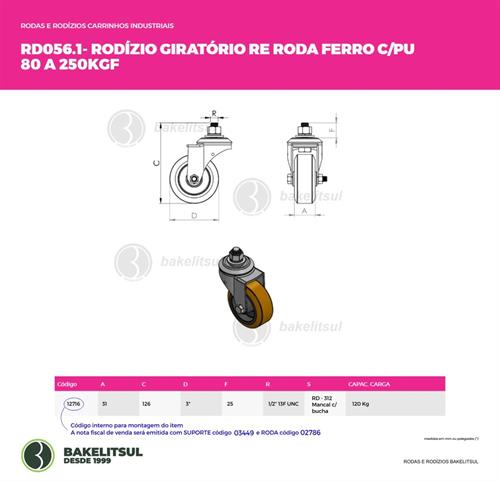RODÍZIO GIRATÓRIO ROSCA LINHA LEVE 80 A 250KGF FFPU-GRLL 12716 