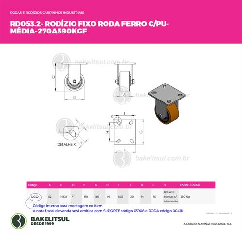 RODÍZIO FIXO PLACA LINHA MÉDIA 270 A 590KGF FFPU-FPLM 12742 
