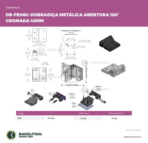 DOBRADIÇA METÁLICA 180° PRETA OU CROMADA 45MM 12858 