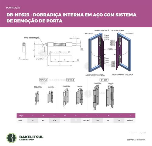 DOBRADIÇA EM AÇO SISTEMA DE REMOÇÃO PORTAS DB-NF623 12898 
