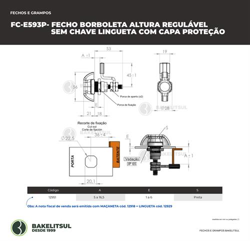 FECHO BORBOLETA ALTURA REGULÁVEL SEM CHAVE E LINGUETA COM CAPA DE PROTEÇÃO 12951 