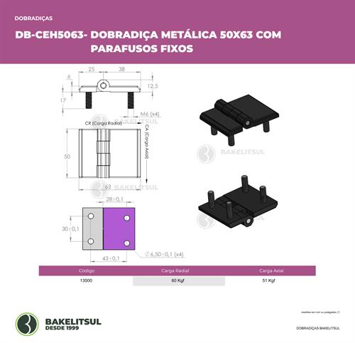 DOBRADIÇA METÁLICA 50X63 PINO INOX PARAFUSOS FIXOS 13500 
